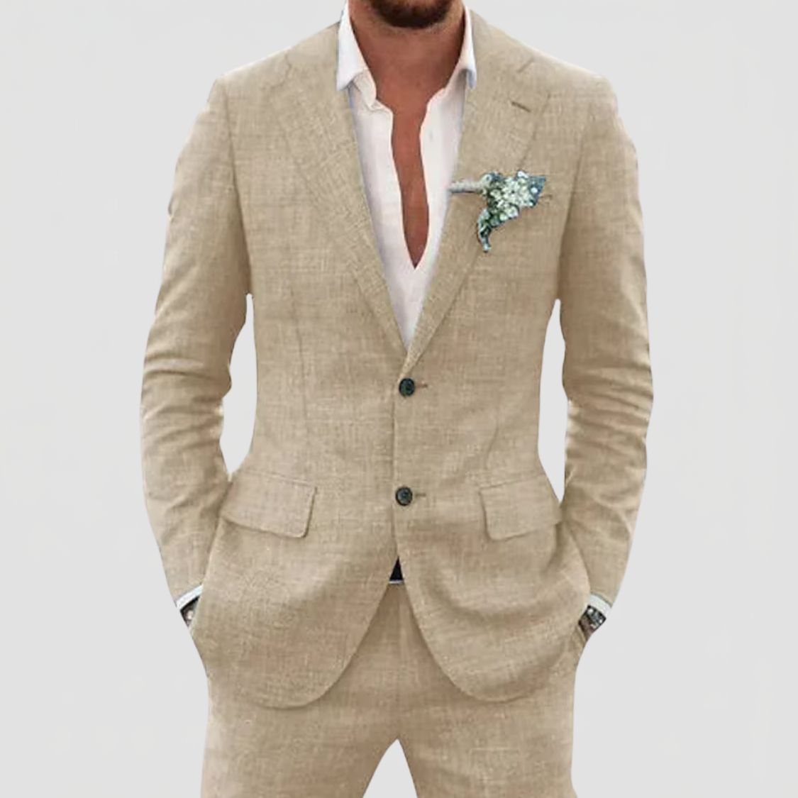 Heren Linnenmix Tweedelig Pak met Blazer en Pantalon