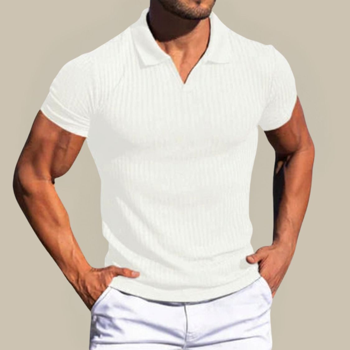 Heren Poloshirt met V-hals en Geribd Patroon
