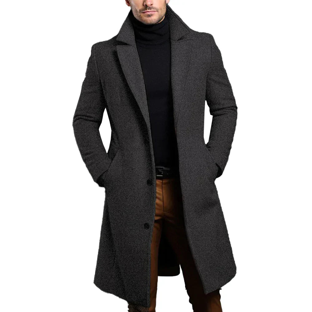 Heren Slim Fit Lange Jas met Reverskraag en Knoopsluiting