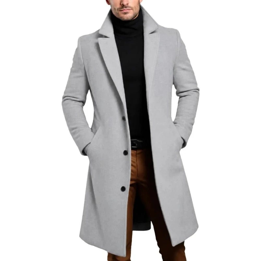 Heren Slim Fit Lange Jas met Reverskraag en Knoopsluiting
