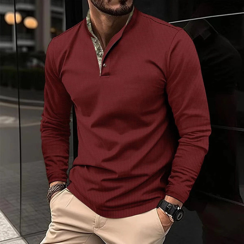 Heren Slim Fit Longsleeve Polo met Opstaande Kraag en Knoopsluiting