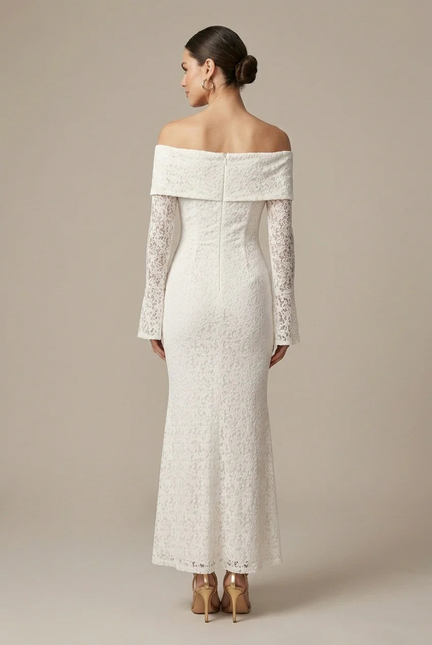 Maxi Bruiloftsjurk met Off Shoulder en Kanten Detail