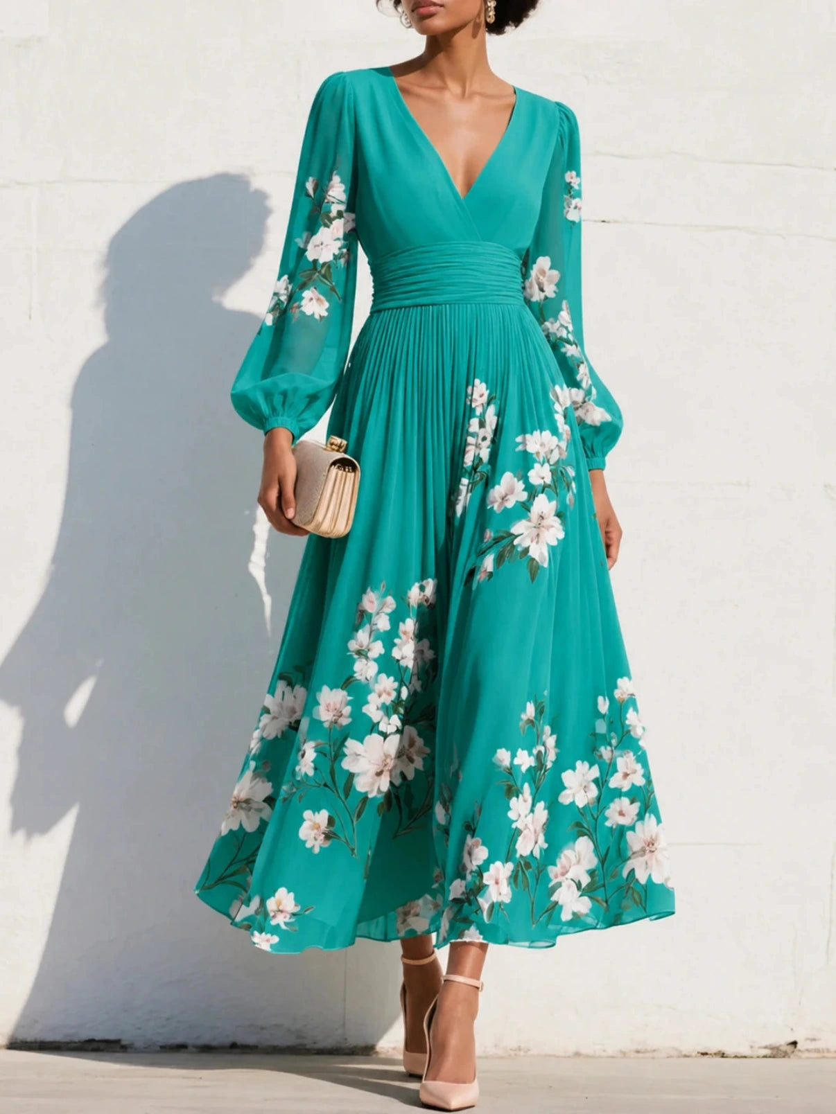 Maxi Feestjurk met V-hals en Bloemenprint