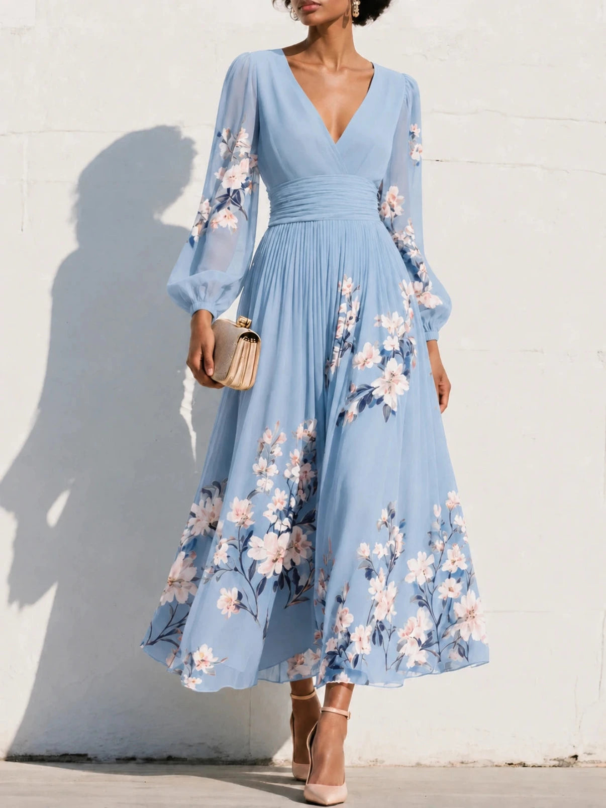Maxi Feestjurk met V-hals en Bloemenprint