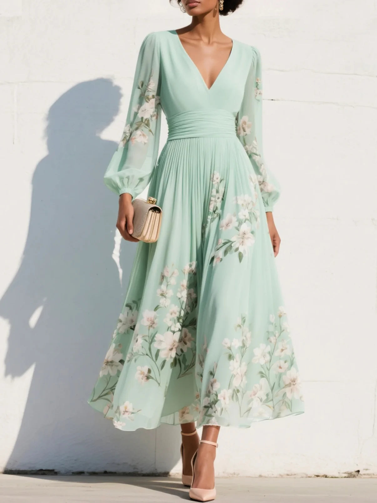 Maxi Feestjurk met V-hals en Bloemenprint