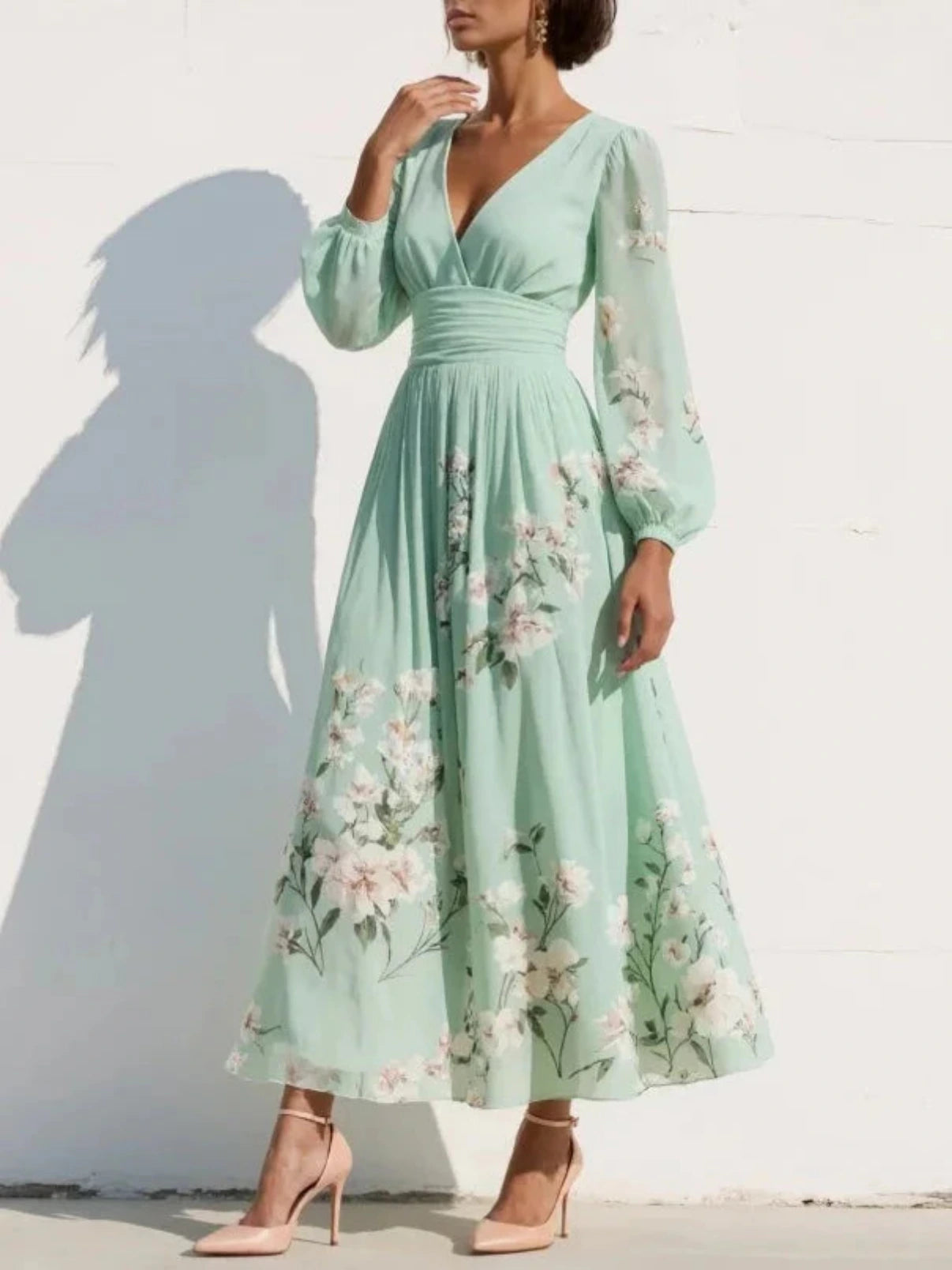 Maxi Feestjurk met V-hals en Bloemenprint