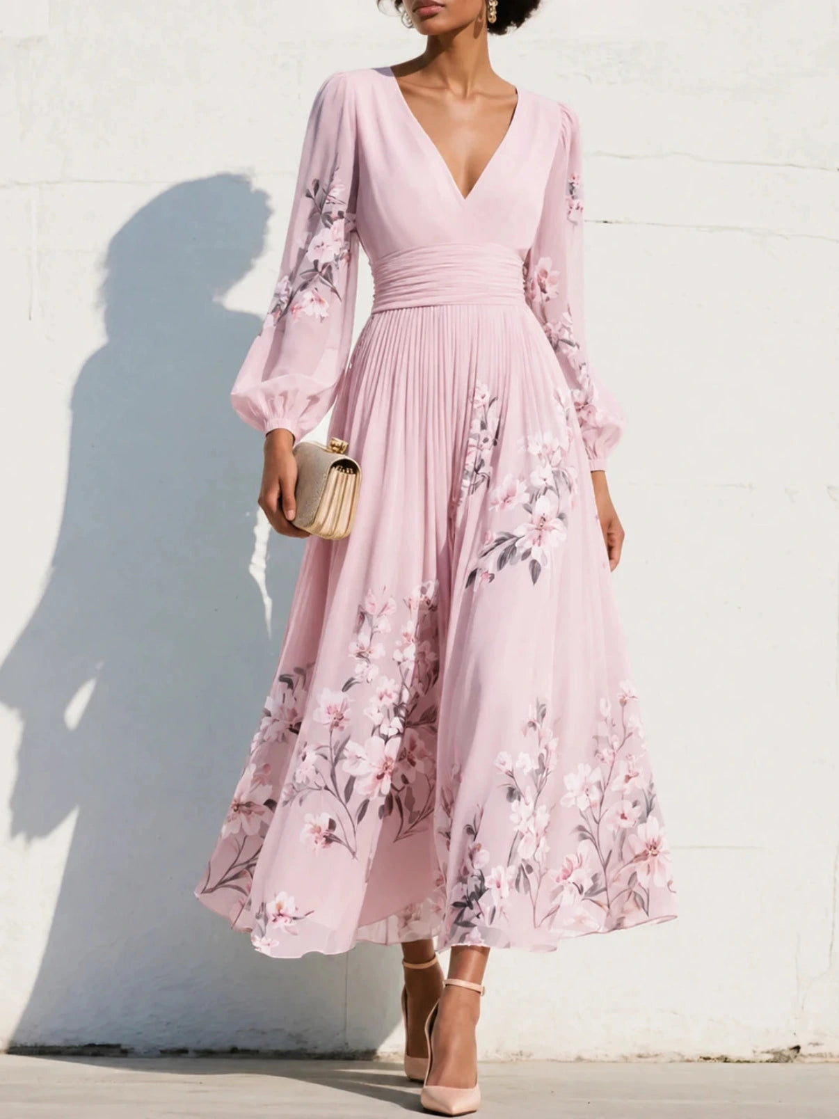 Maxi Feestjurk met V-hals en Bloemenprint