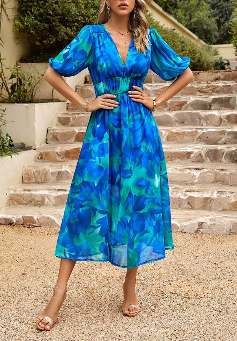 Maxi Jurk Dames met Print en Korte Pofmouwen