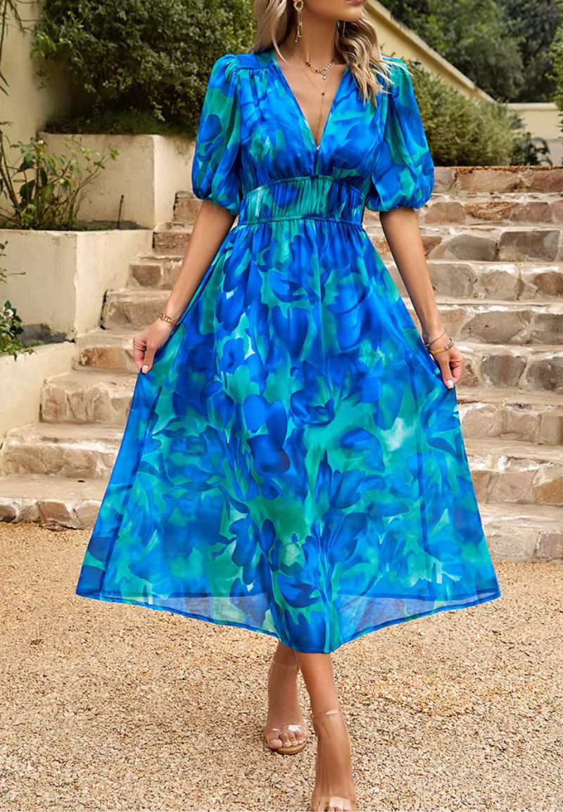 Maxi Jurk Dames met Print en Korte Pofmouwen