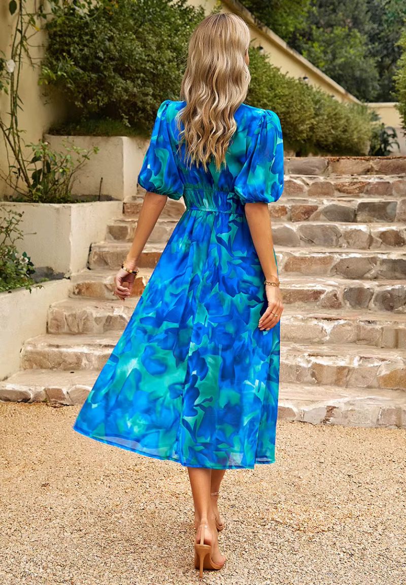 Maxi Jurk Dames met Print en Korte Pofmouwen