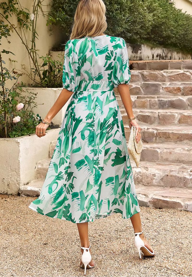 Maxi Jurk Dames met Print en Korte Pofmouwen