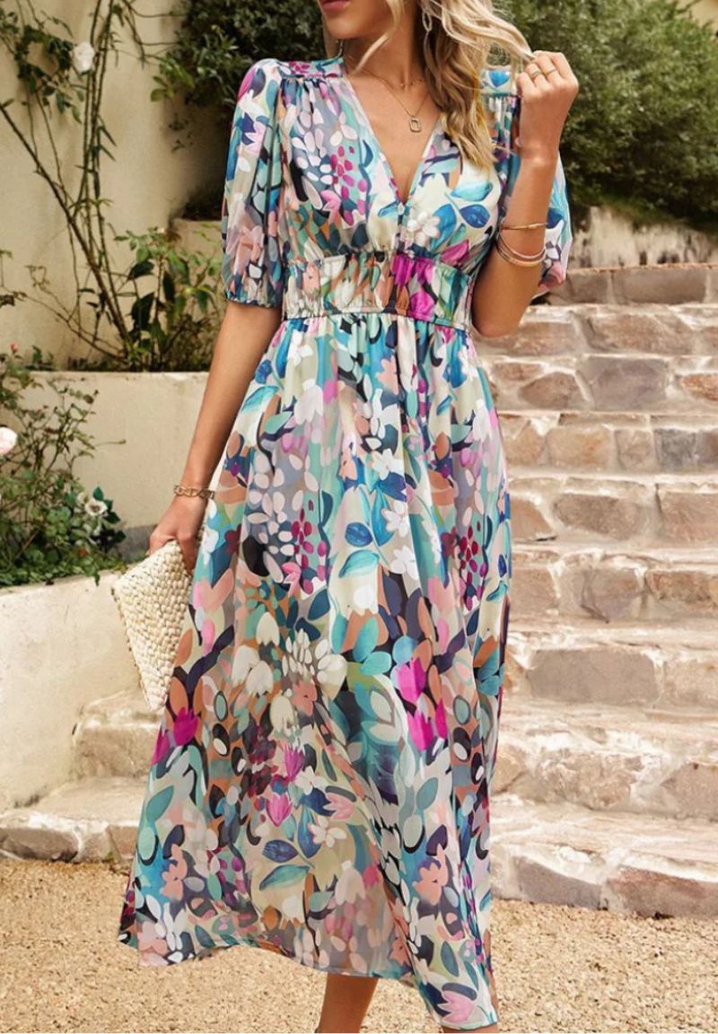 Maxi Jurk Dames met Print en Korte Pofmouwen