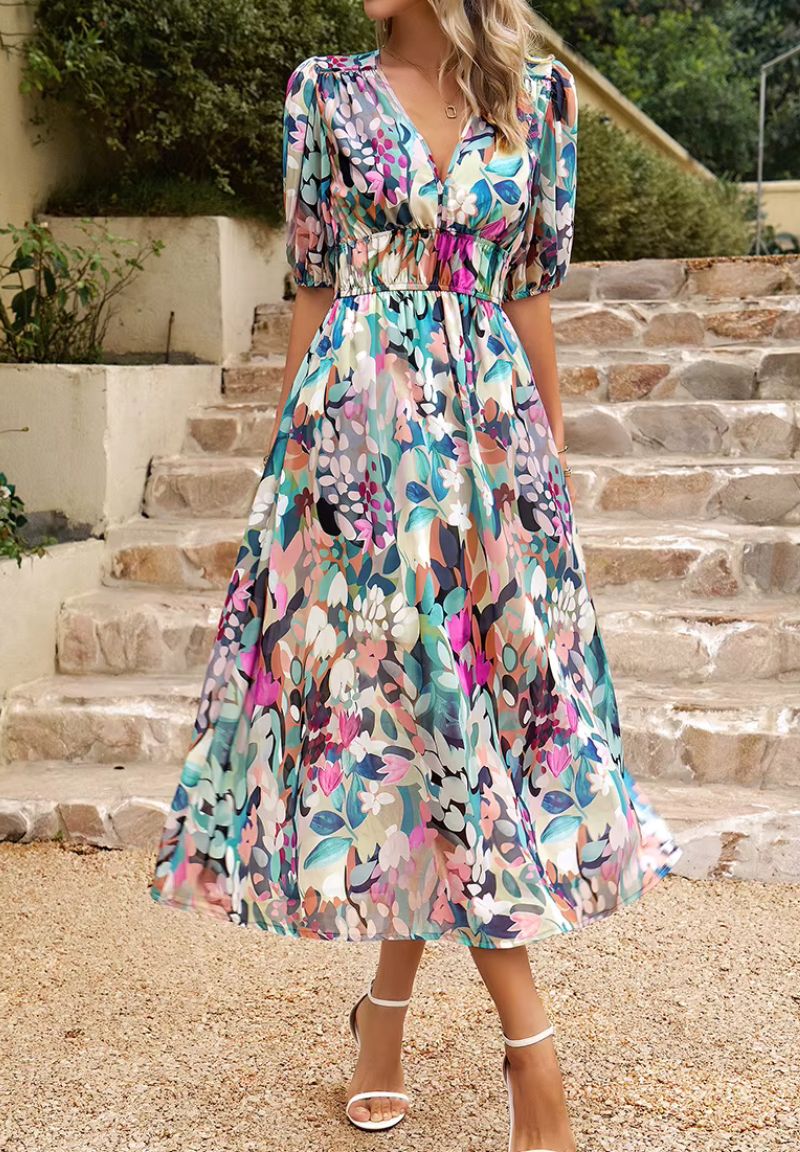 Maxi Jurk Dames met Print en Korte Pofmouwen