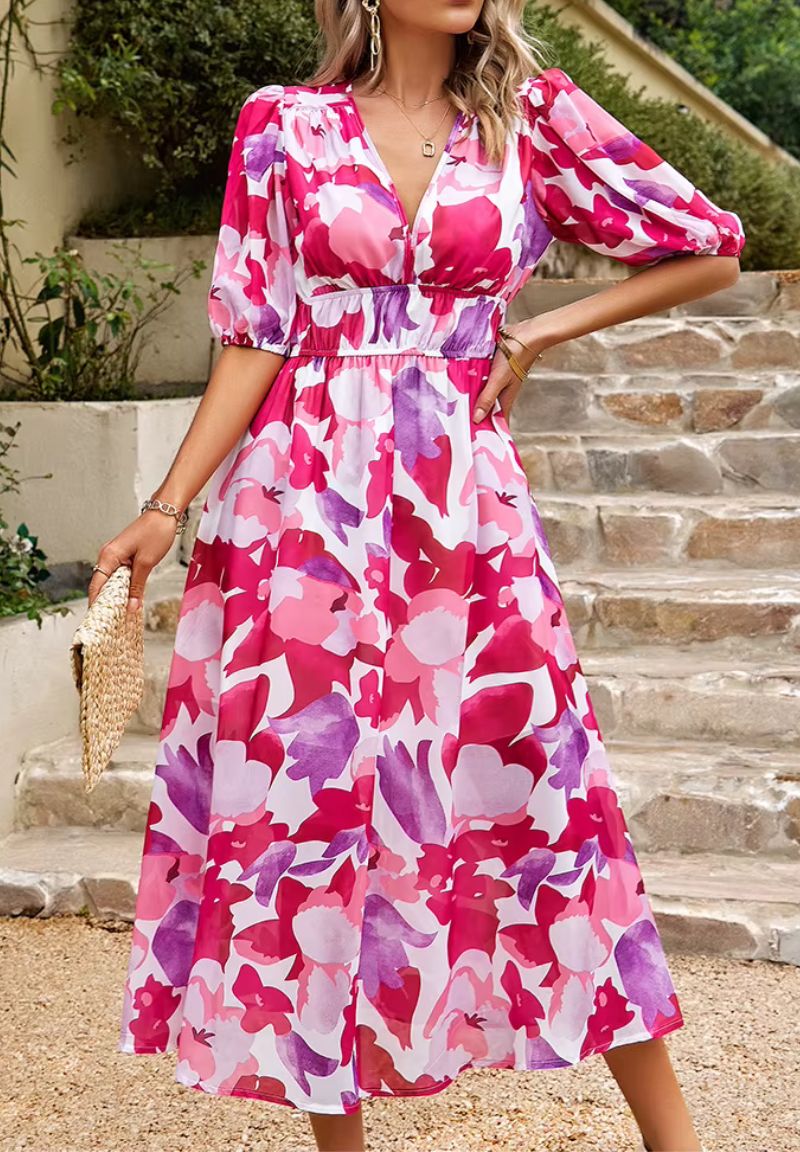 Maxi Jurk Dames met Print en Korte Pofmouwen