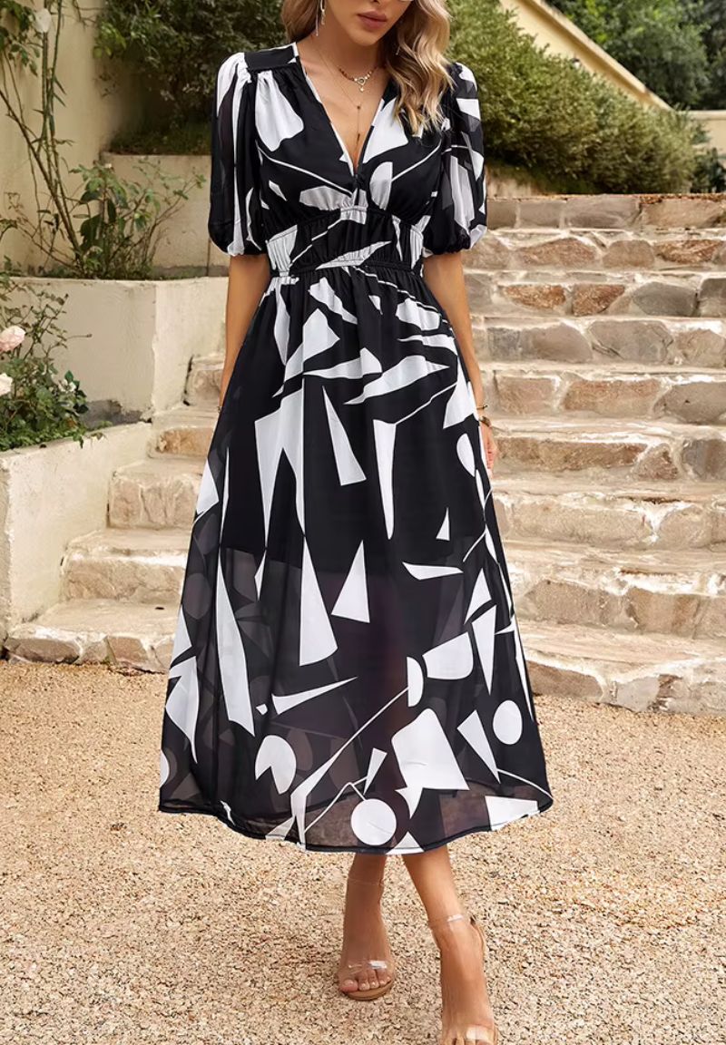 Maxi Jurk Dames met Print en Korte Pofmouwen