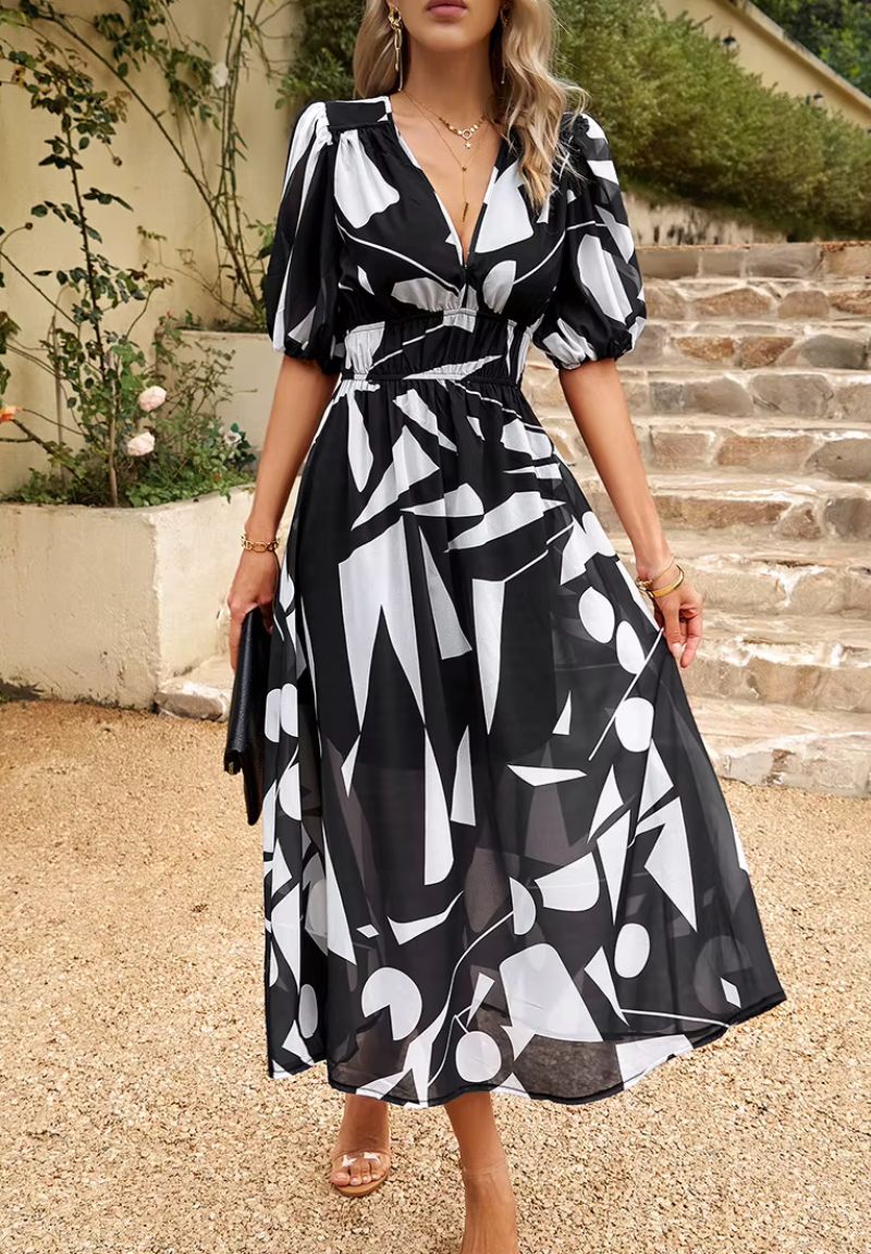 Maxi Jurk Dames met Print en Korte Pofmouwen