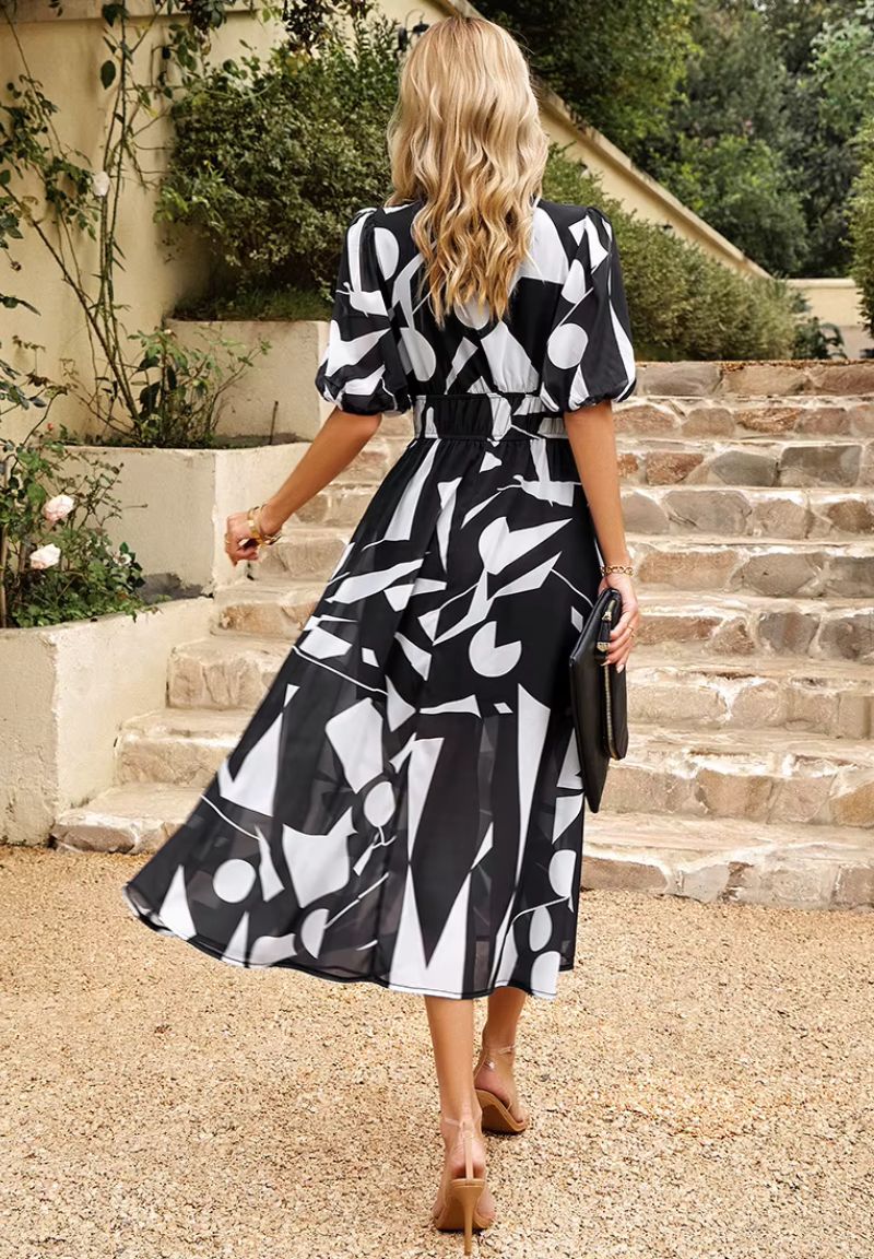Maxi Jurk Dames met Print en Korte Pofmouwen