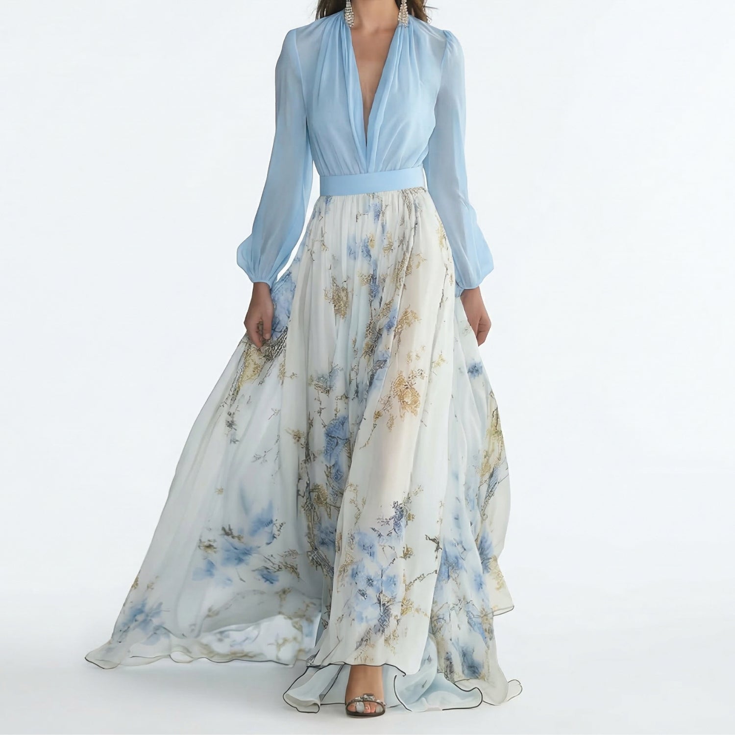 Maxi Jurk met Bloemenprint, Lange Mouwen en V-hals