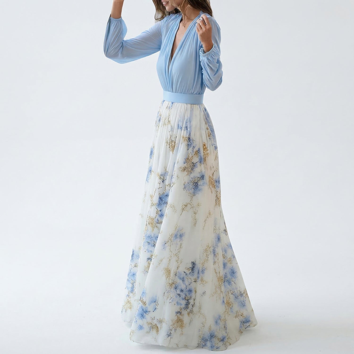 Maxi Jurk met Bloemenprint, Lange Mouwen en V-hals