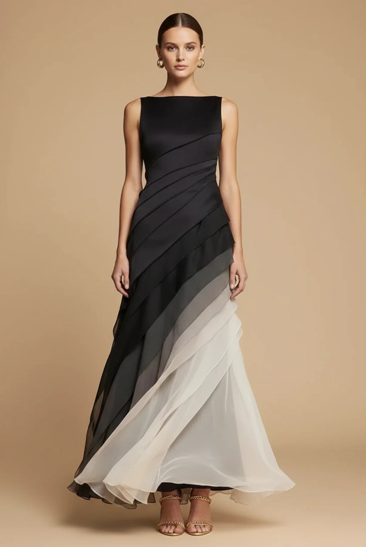 Maxi Jurk met Bootshals en Ombre Chiffon Rok