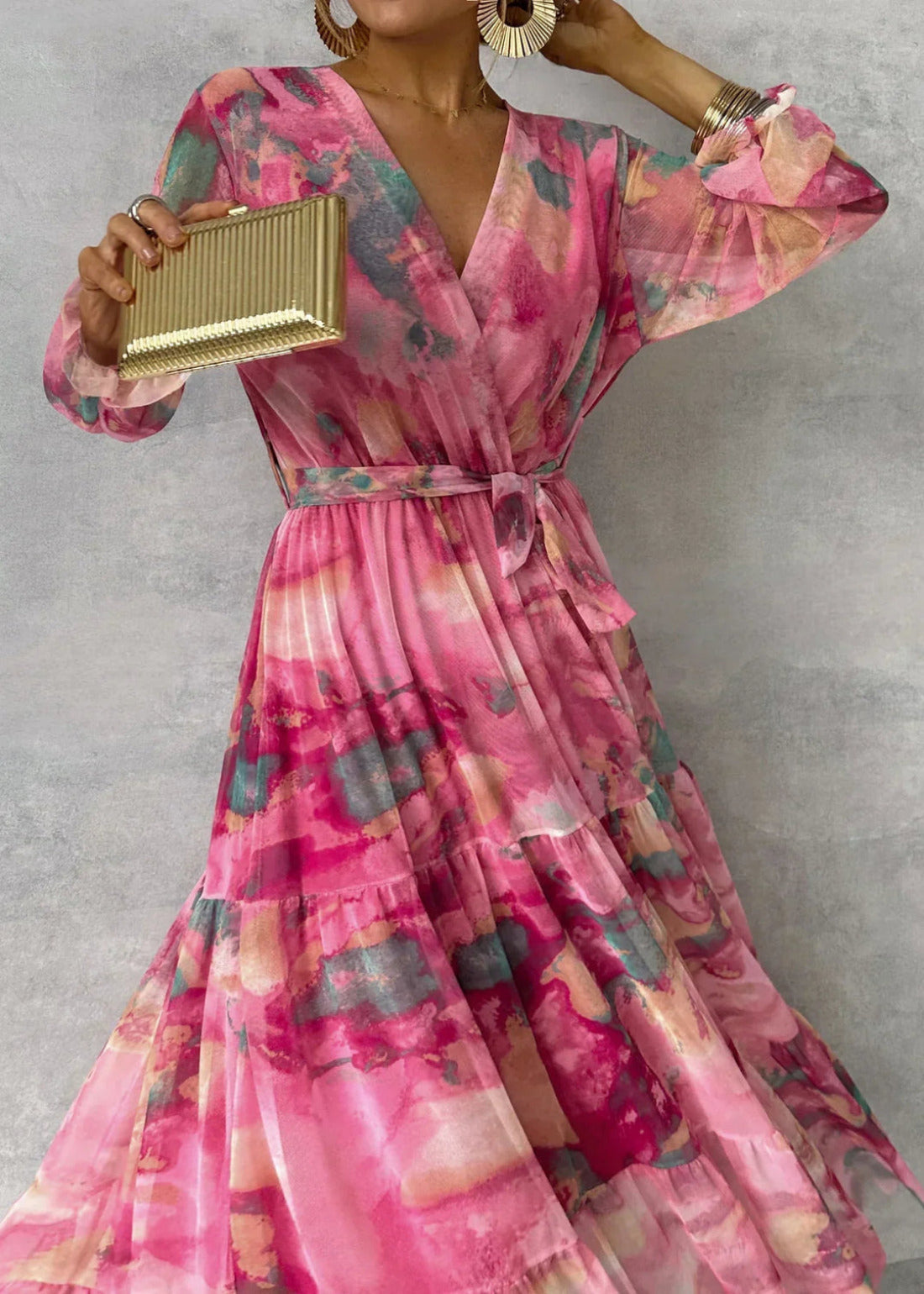Maxi Wikkel Jurk met Print en Lange Mouwen