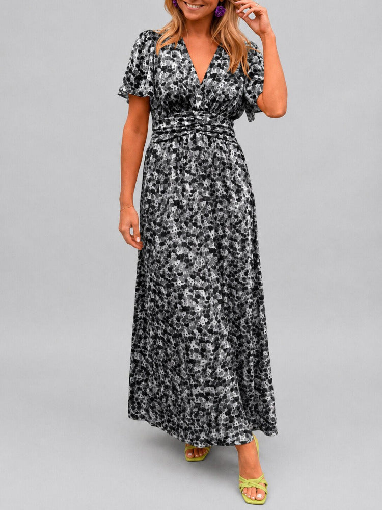 Maxi Zomerjurk met Bloemenprint en Korte Wijde Mouwen