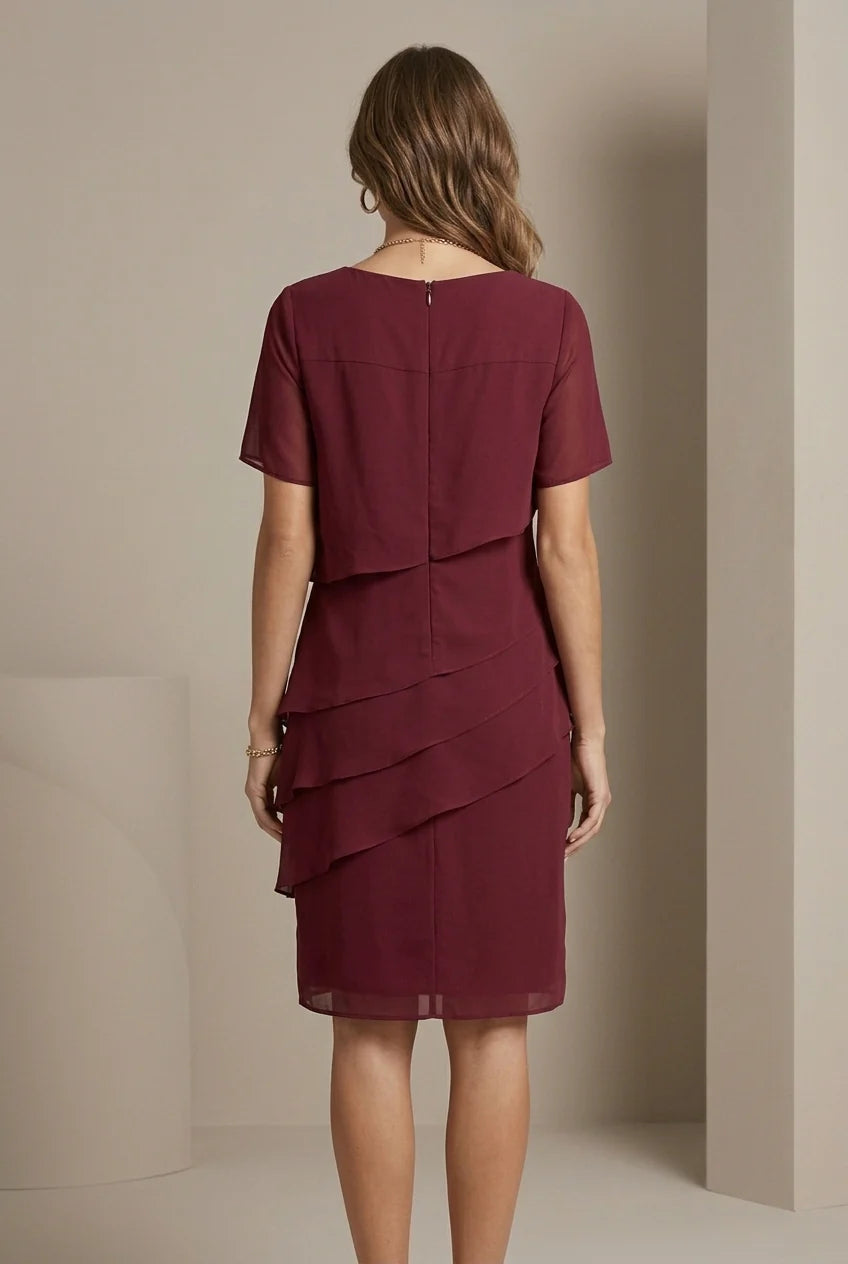 Midi Jurk met Ronde Hals en Gelaagde Chiffon Rok