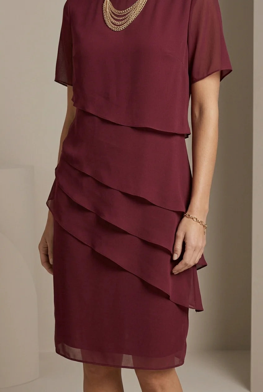 Midi Jurk met Ronde Hals en Gelaagde Chiffon Rok