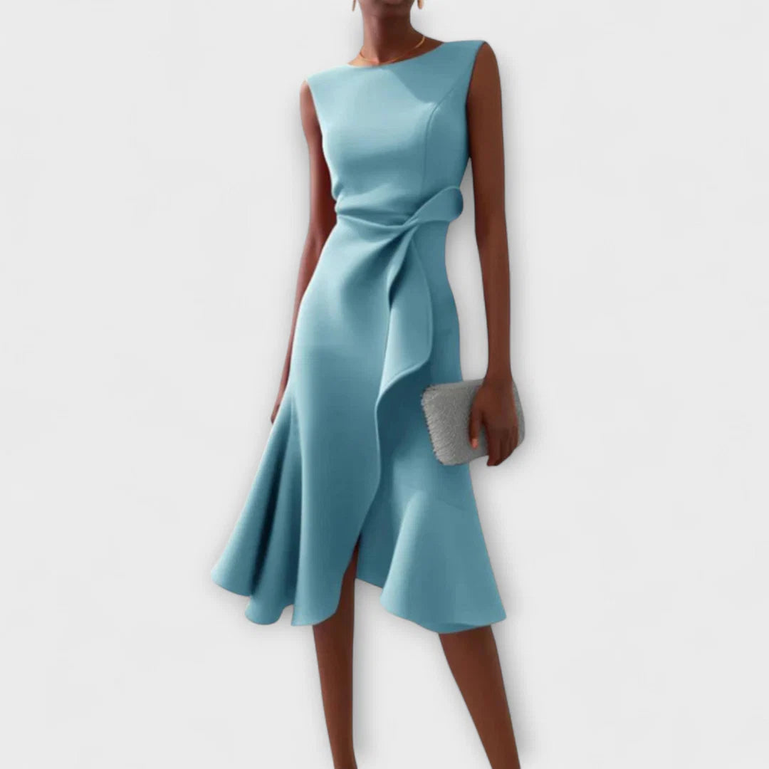 Midi Mouwloze Avondjurk met Asymmetrisch Detail