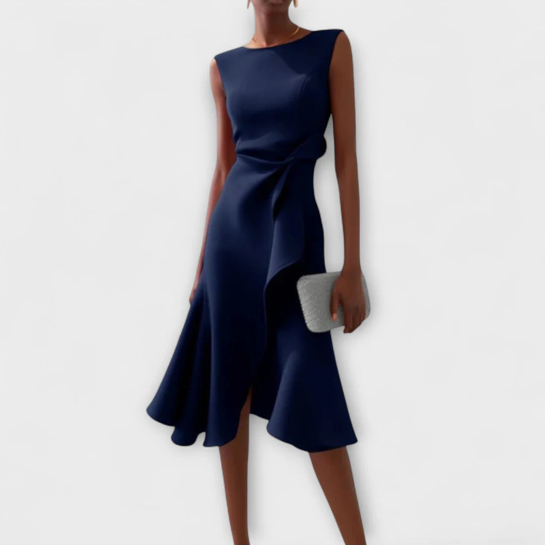 Midi Mouwloze Avondjurk met Asymmetrisch Detail