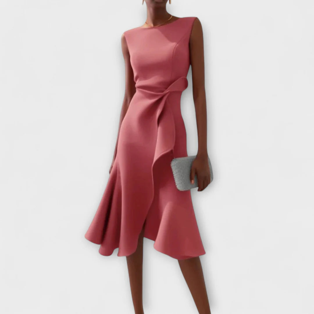 Midi Mouwloze Avondjurk met Asymmetrisch Detail