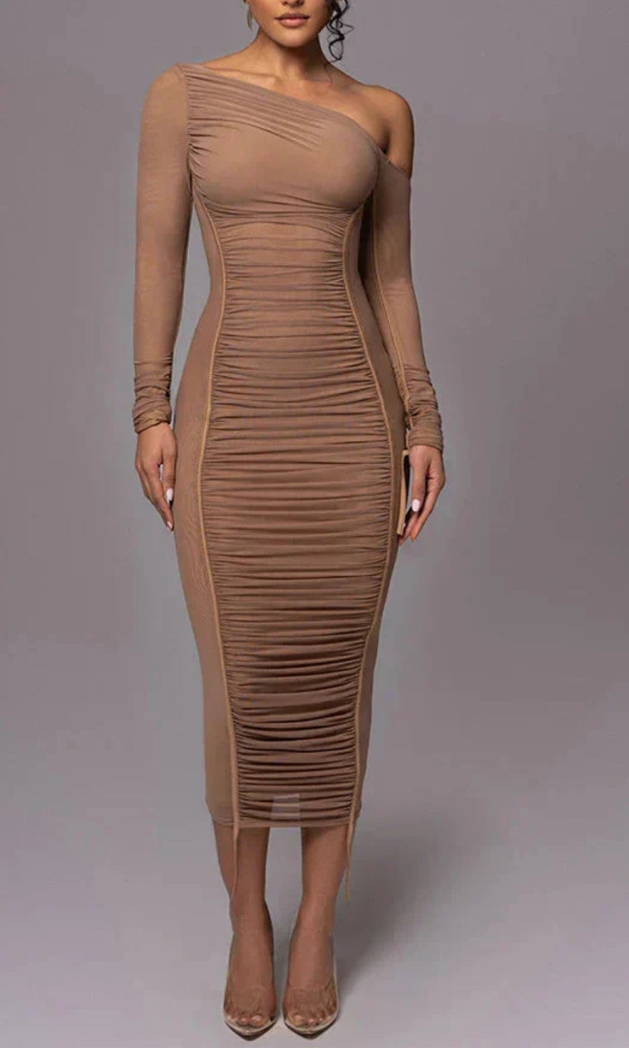 One-Shoulder Bodycon Midi Cocktailjurk met Plooien
