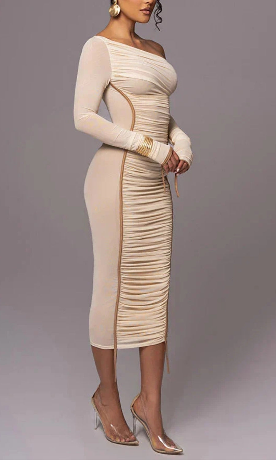 One-Shoulder Bodycon Midi Cocktailjurk met Plooien