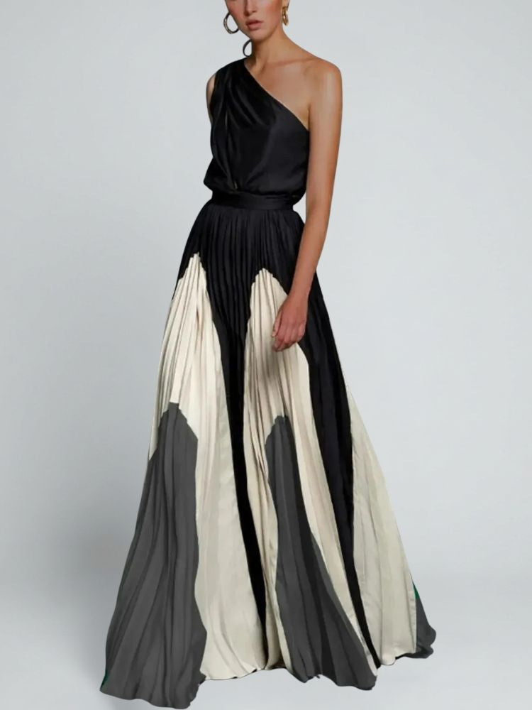 One Shoulder Maxi Jurk met Geplooide Rok