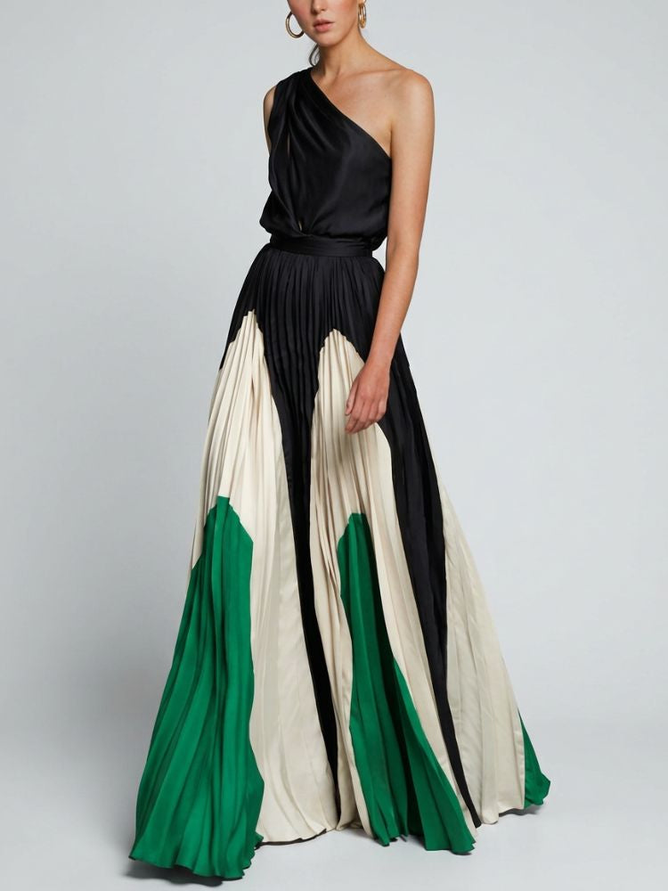 One Shoulder Maxi Jurk met Geplooide Rok