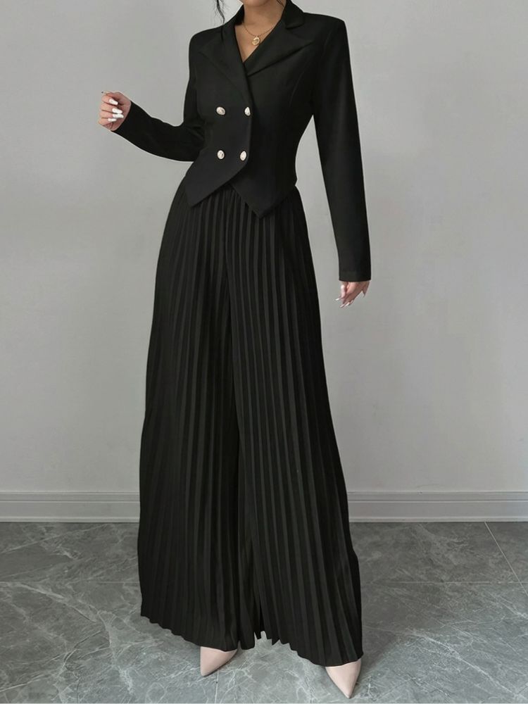 Tweedelig Damespak met Cropped Blazer en Geplooide Wijde Broek
