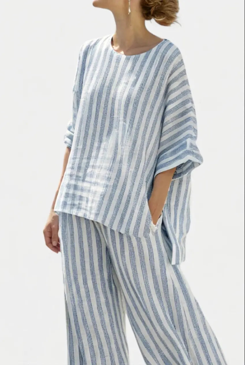 Tweedelige Dames Gestreepte Zomerset met Losvallende Top en Wijde Broek