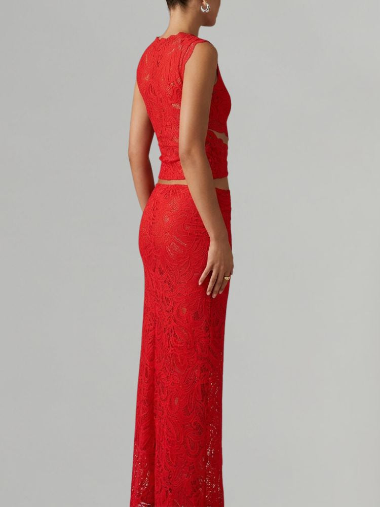 Tweedelige Dames Kanten Set met Crop Top en Midi Rok