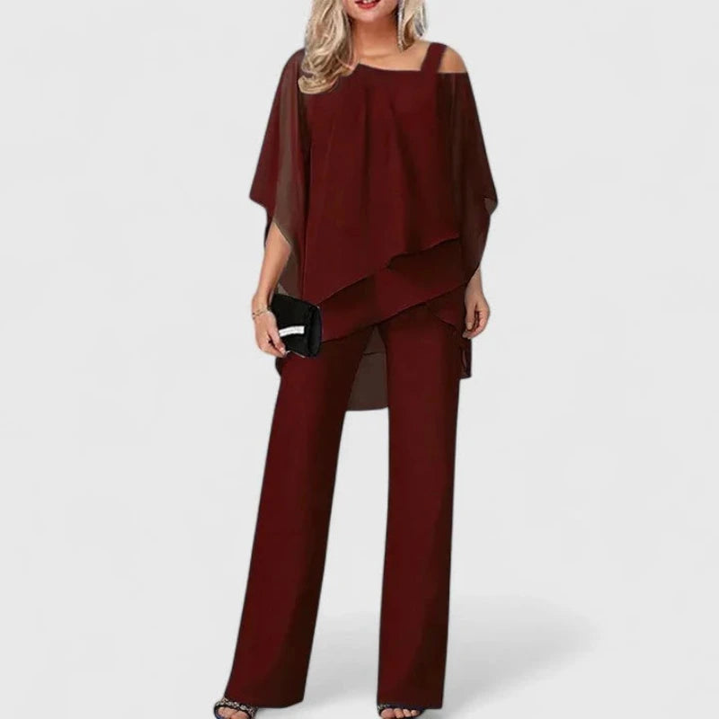 Tweedelige Dames Set met Off shoulder Blouse en Broek