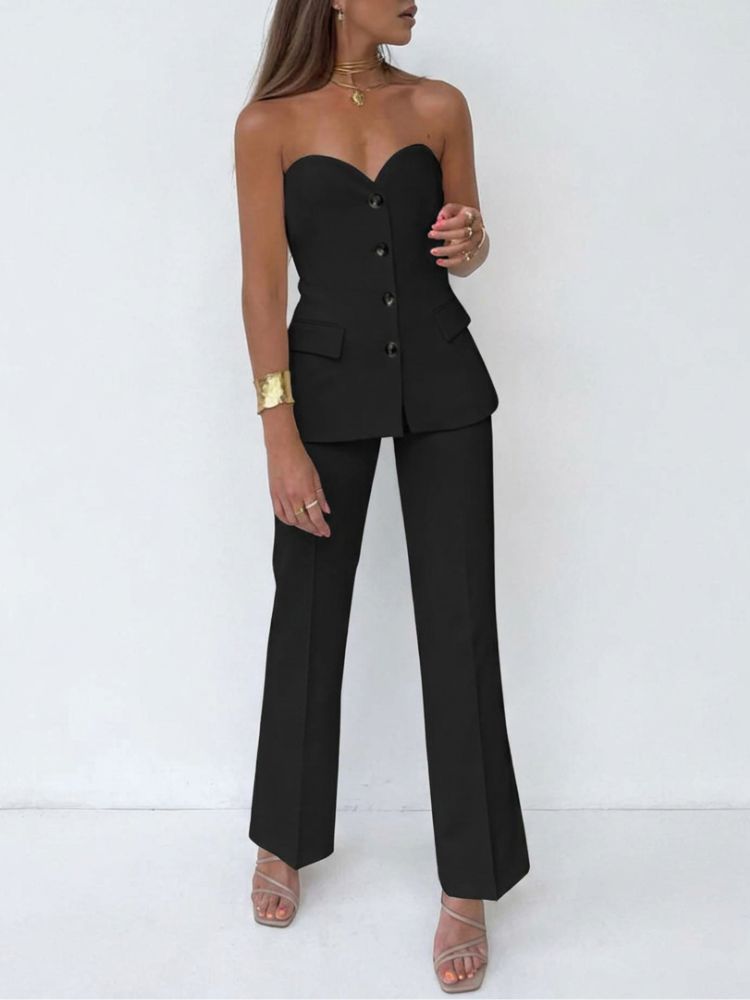 Tweedelige Dames Set met Strapless Top en Uitlopende Broek