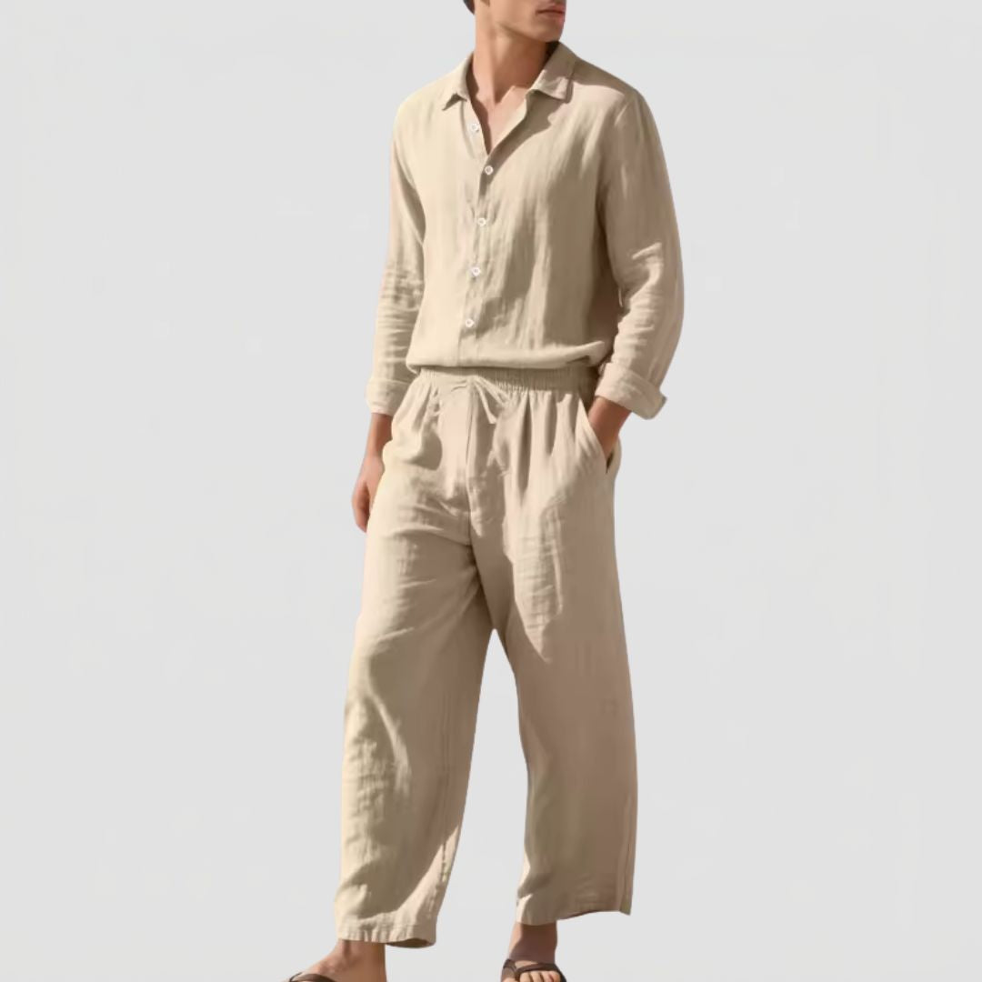 Tweedelige Heren Linnenmix Set met Overhemd en Broek