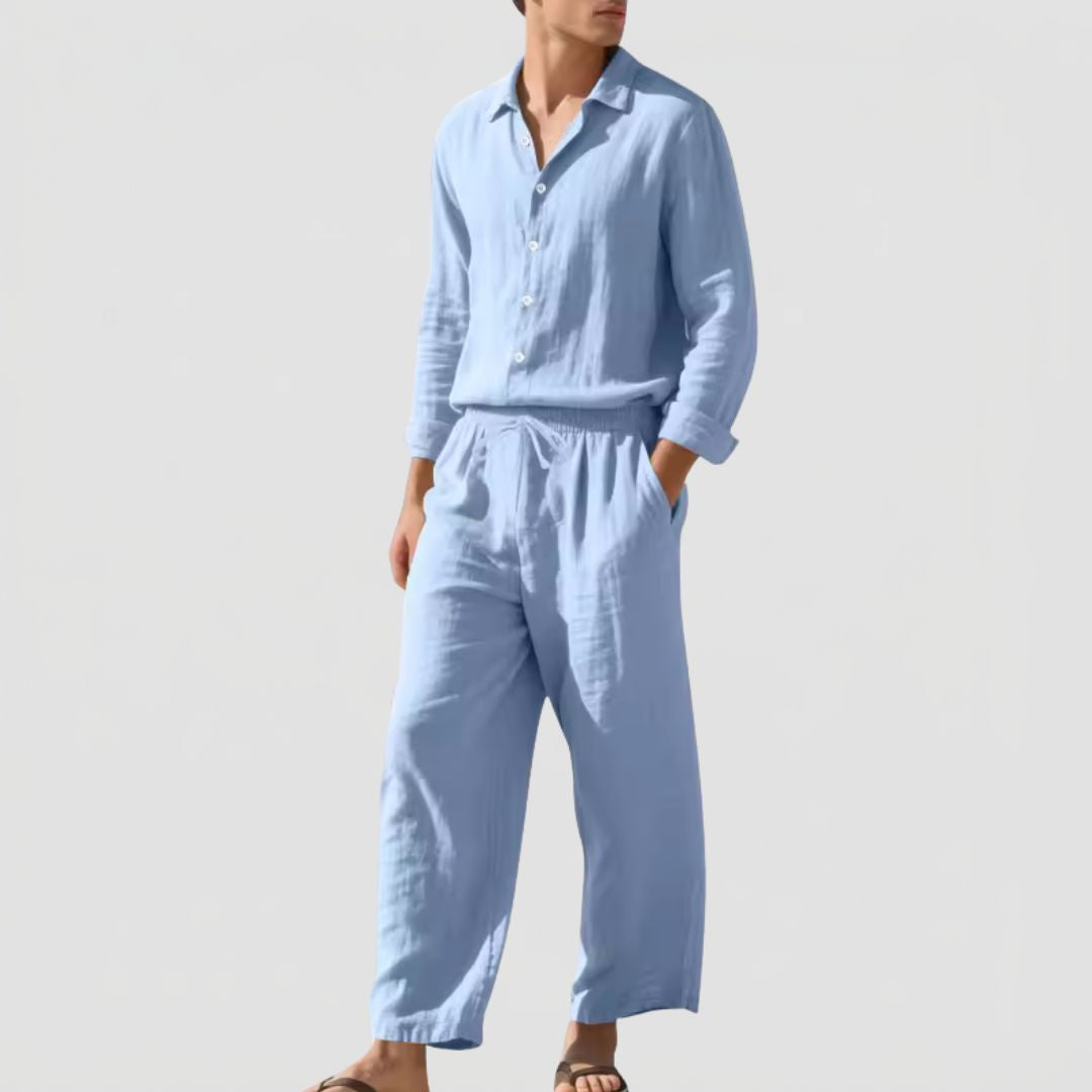 Tweedelige Heren Linnenmix Set met Overhemd en Broek