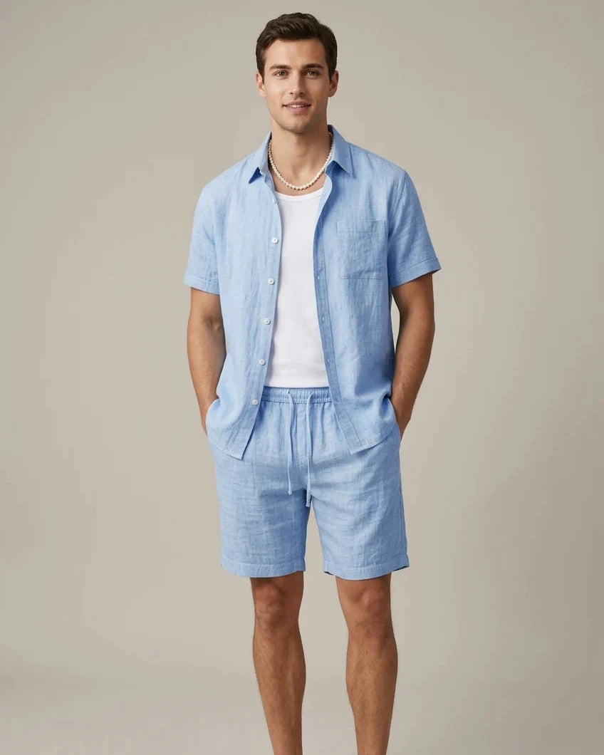 Tweedelige Heren Linnenmix Zomerset met Overhemd en Korte Broek