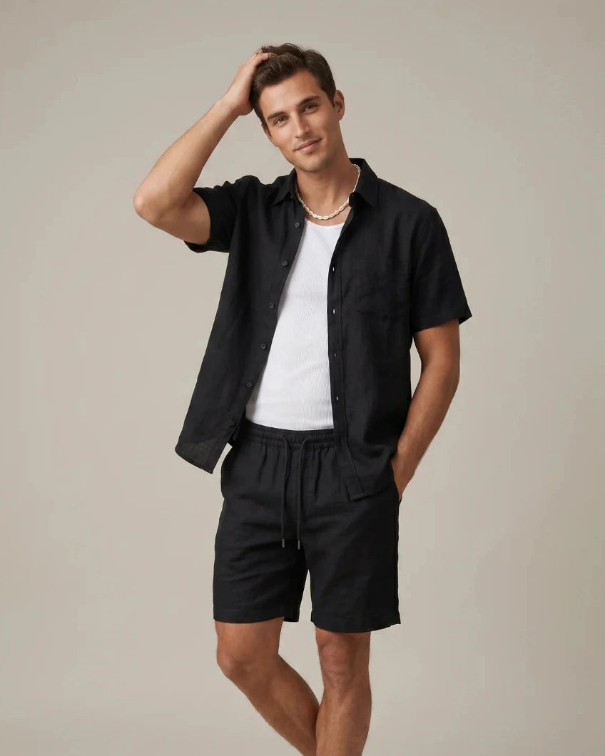 Tweedelige Heren Linnenmix Zomerset met Overhemd en Korte Broek