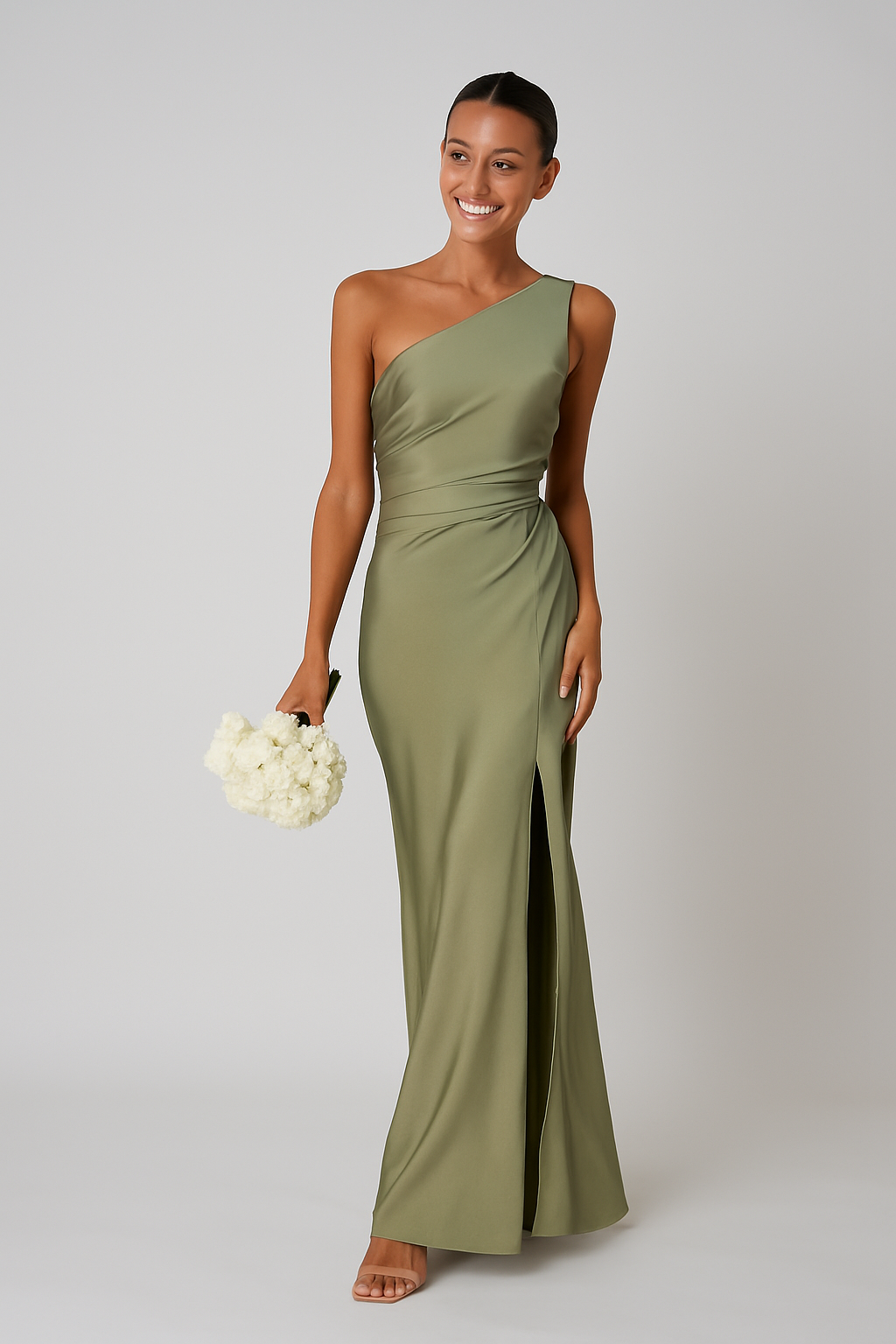 Satijnlook one-shoulder maxi jurk met hoge split