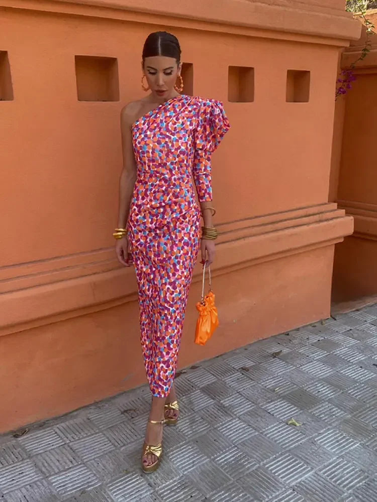 Elodie Asymmetrische Jurk – One-Shoulder met Kleurrijke Print