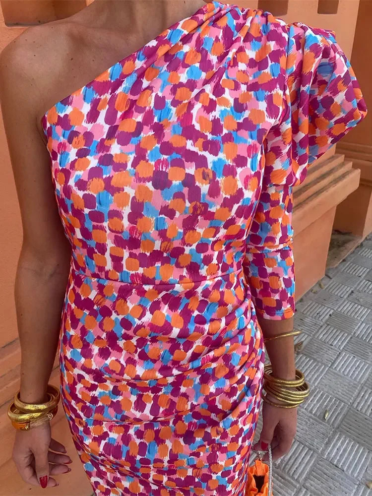 Elodie Asymmetrische Jurk – One-Shoulder met Kleurrijke Print