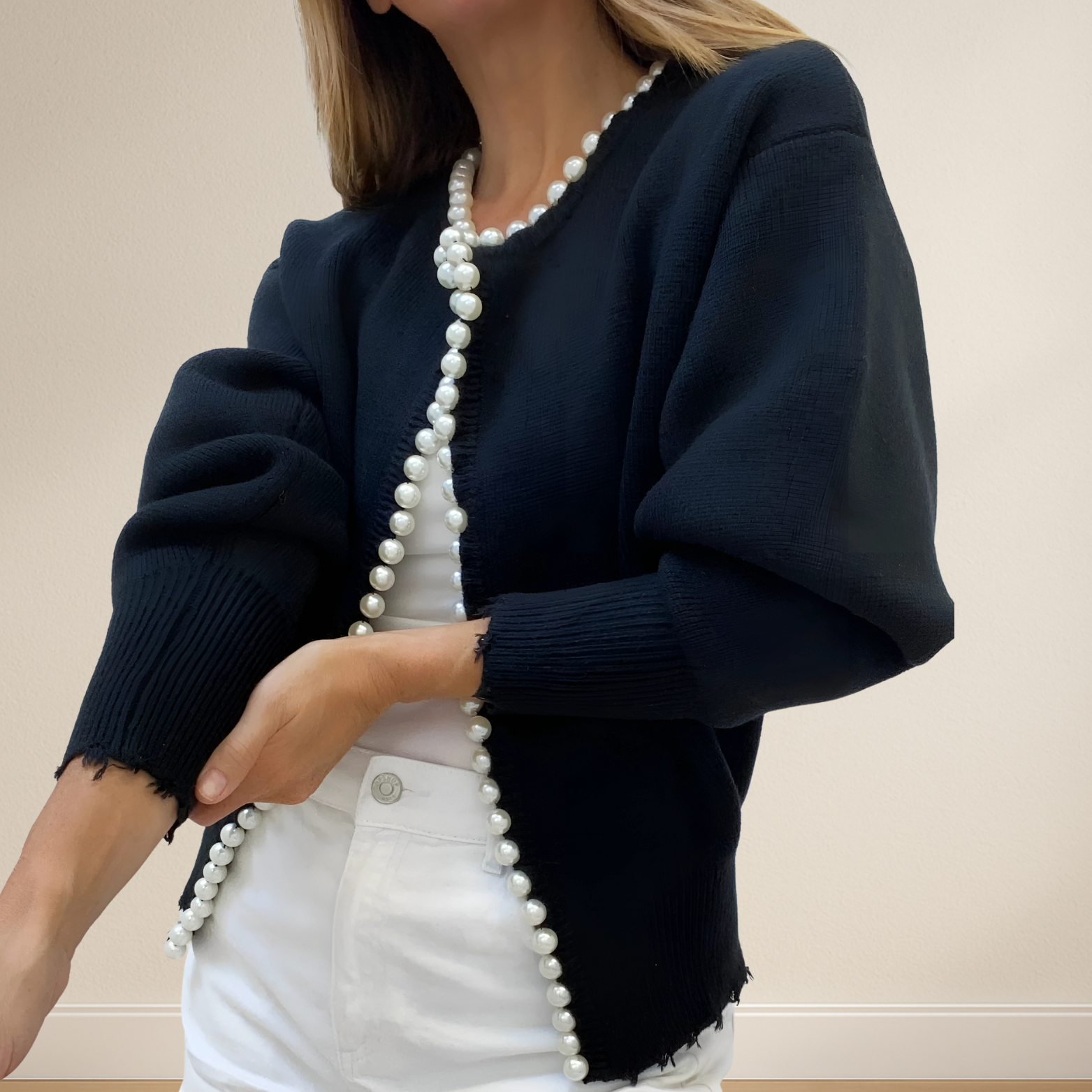 Damescardigan met decoratieve parels en rechte pasvorm