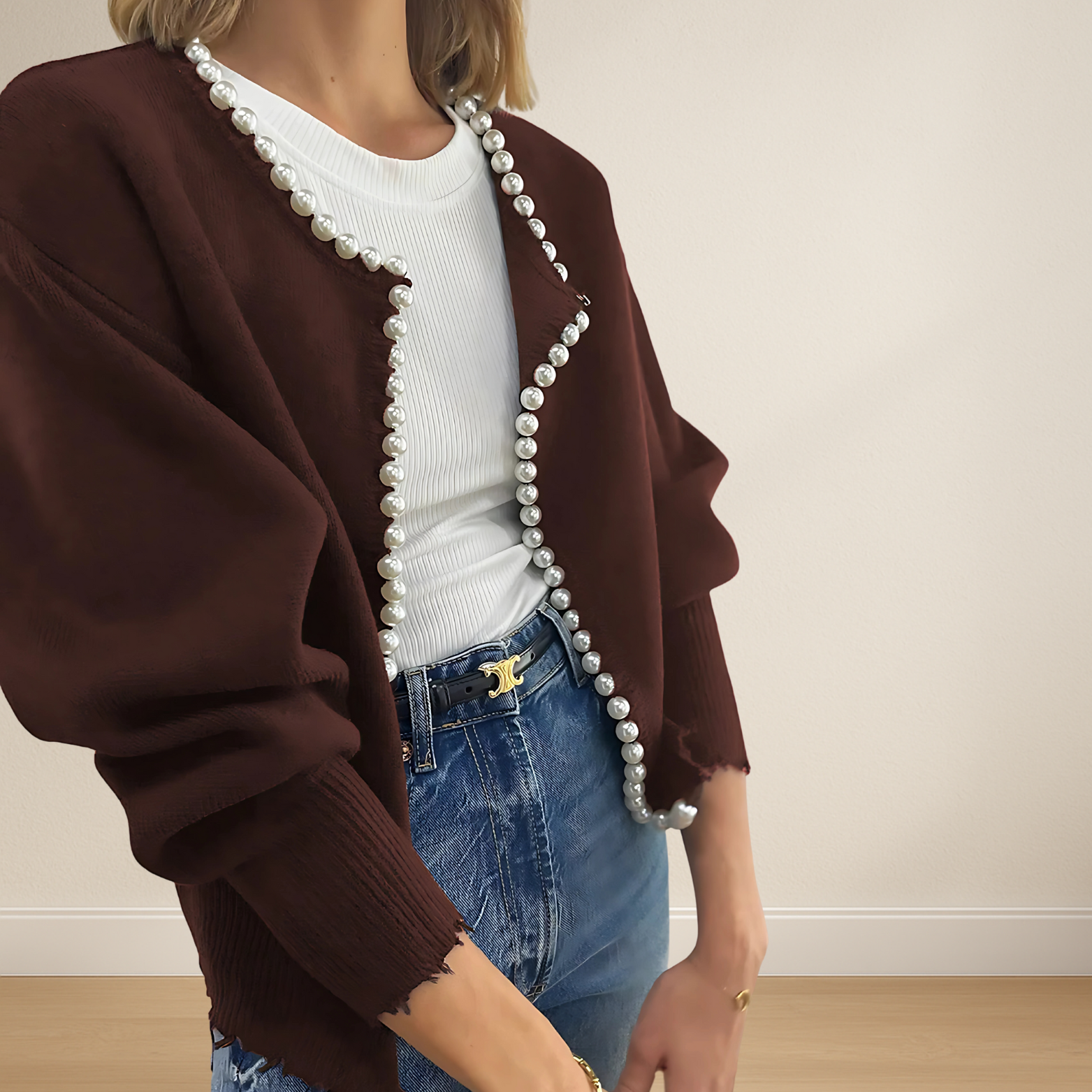 Damescardigan met decoratieve parels en rechte pasvorm