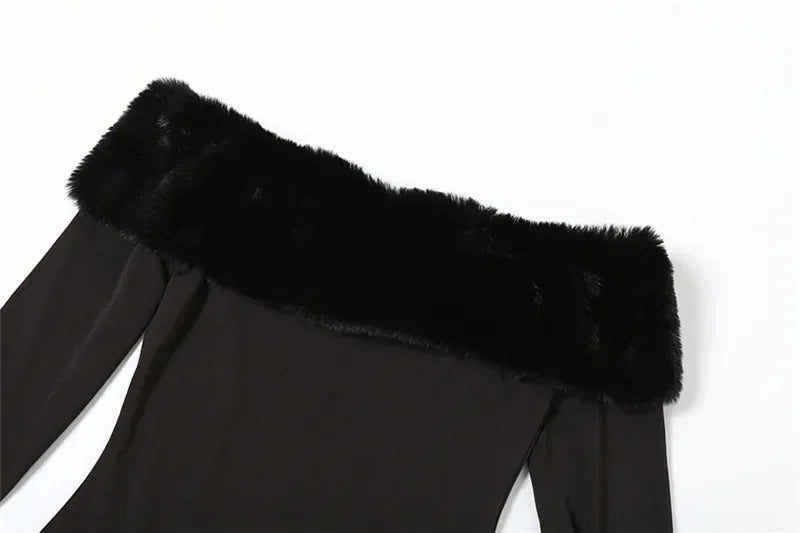 Eva - Elegante en Stretchy Furry Off-Shoulder Jurk